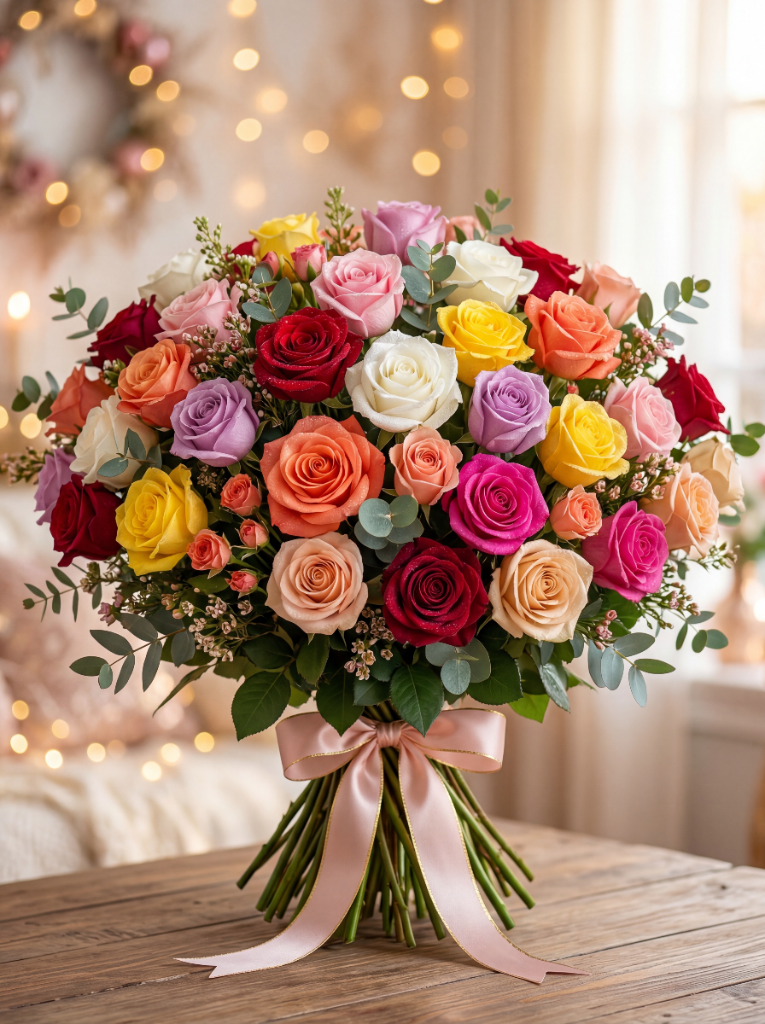 Bó hoa hồng nhiều sắc đặt ở cuối lời chúc bất ngờ