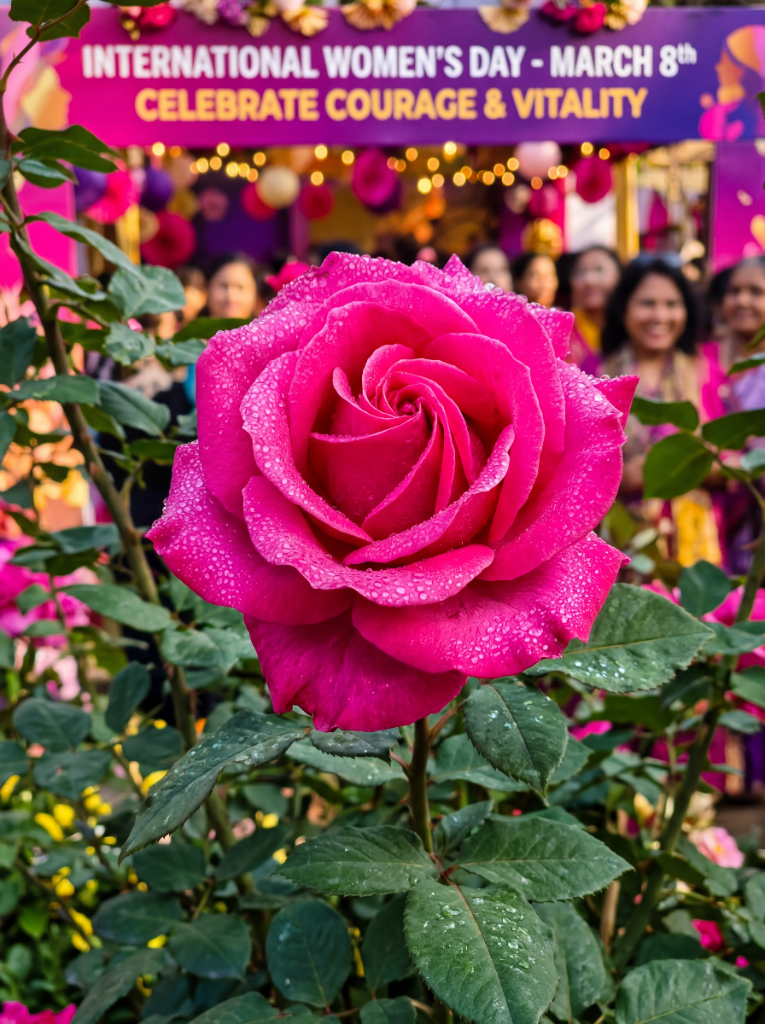 Hoa hồng hồng rực trước khung cảnh chúc mừng ngày Quốc tế Phụ nữ