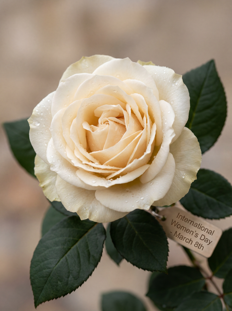 Hoa hồng trắng ngà thanh nhã với thẻ chúc mừng 8/3