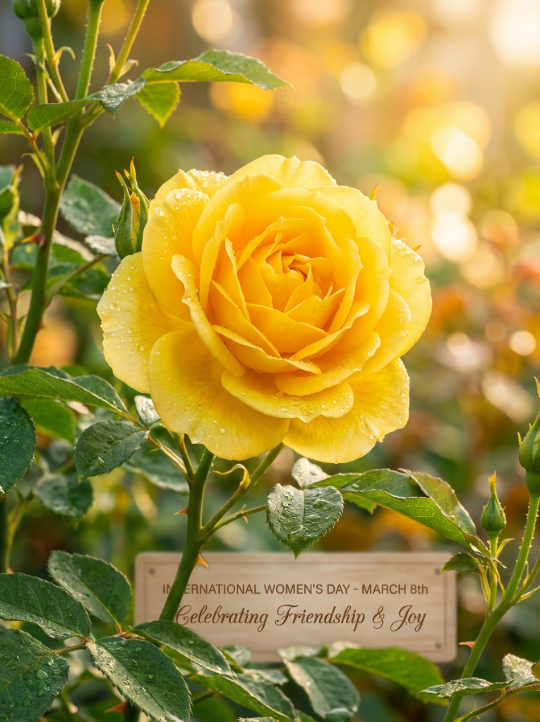 Hoa hồng vàng với bảng chúc mừng International Women's Day