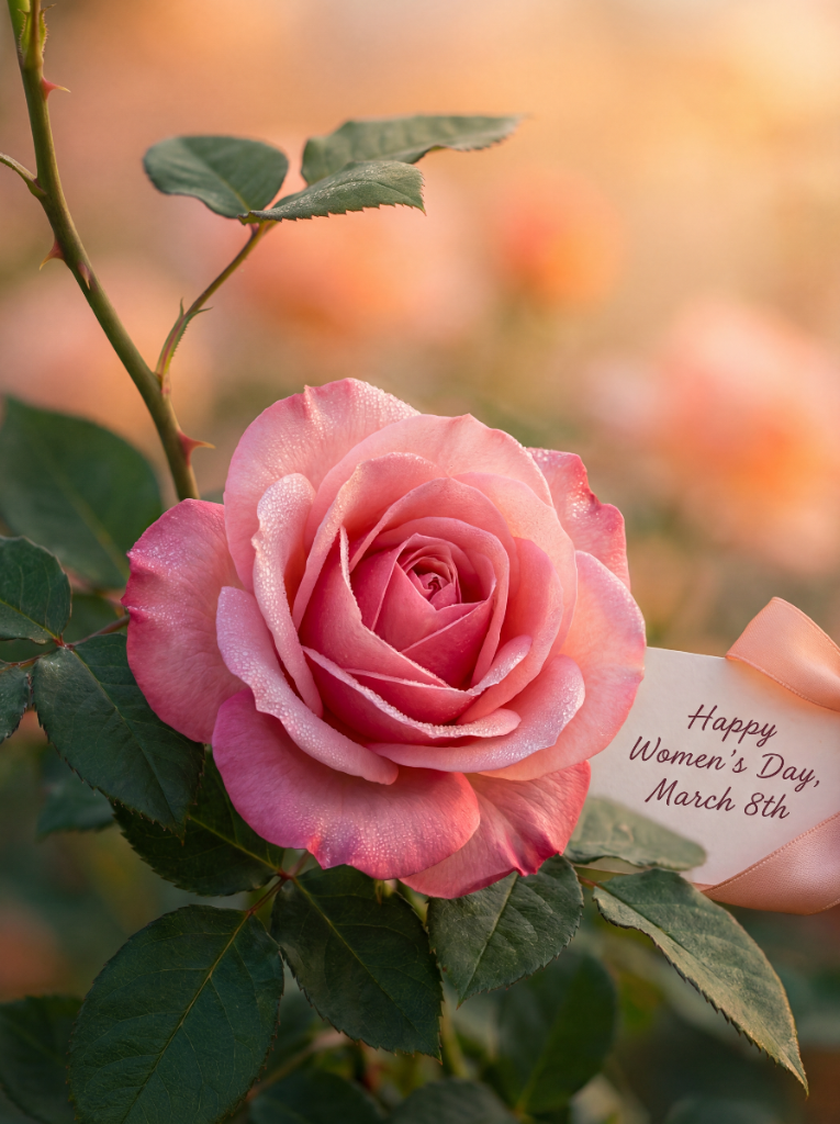 Hoa hồng hồng pastel với thiệp chúc mừng ngày 8/3